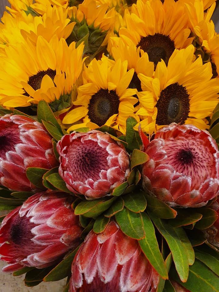 zonnebloemen en rode bloemen